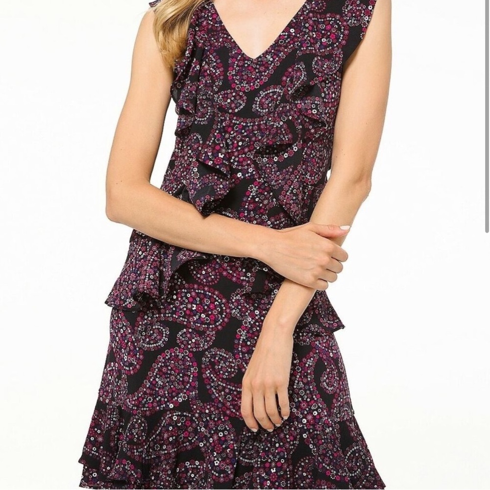 Michael Kors Floral Ruffle Black and Pink Paisley Dress